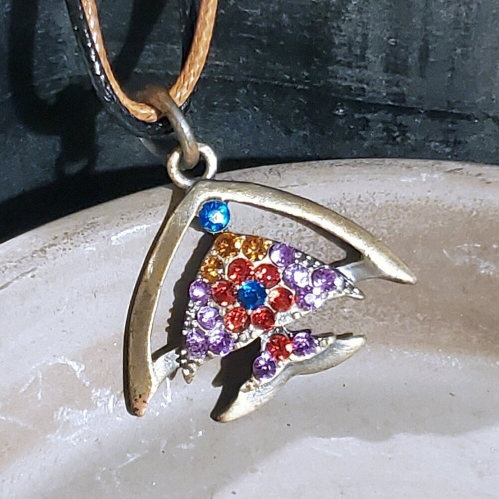 Rustic Antique Bronze Rhinestones Tropical Fish Pendant Necklace Vegan Leather